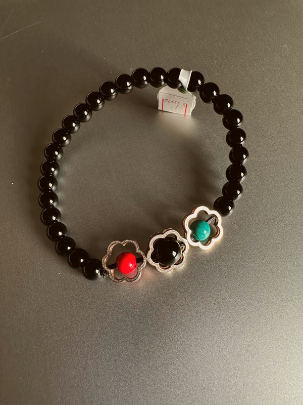 Black onyx and red and blue turquoise bracelet with silver 925