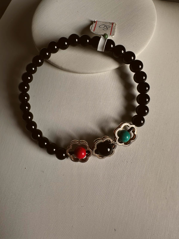 Black onyx and red and blue turquoise bracelet with silver 925