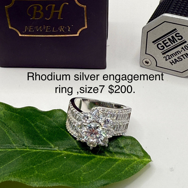 Rhodium silver engagement ring