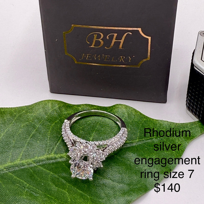 Rhodium silver engagement ring